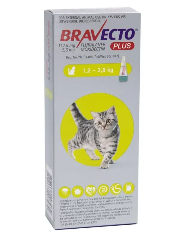 Bravecto Plus pisici 1,2-2,8 kg – pipetă spot-on pentru purici și căpușe