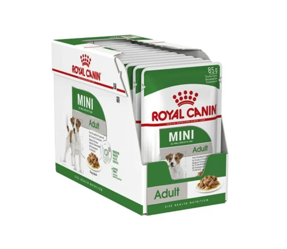 Royal Canin Mini Adult 12 x 85 g (Plic Sos) – Hrană Umedă pentru Câini de Talie Mică (Digestie & Blană)