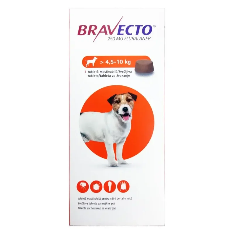 Bravecto câini 4,5-10 kg – comprimat masticabil pentru purici și căpușe