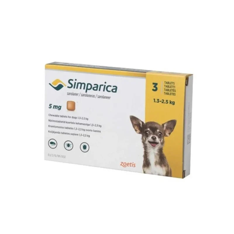 Simparica 5 mg (3 Comprimate) – Tablete Masticabile Câini Foarte Mici (1.3-2.5 kg)