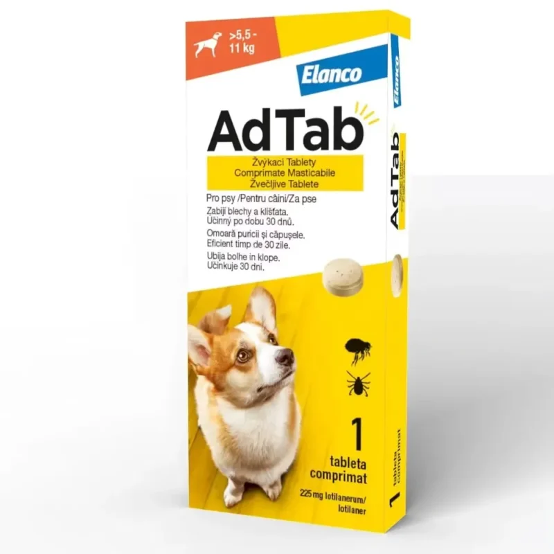 AdTab 225 mg – 1 comprimat masticabil antiparazitar pentru câini peste 5,5–11 kg