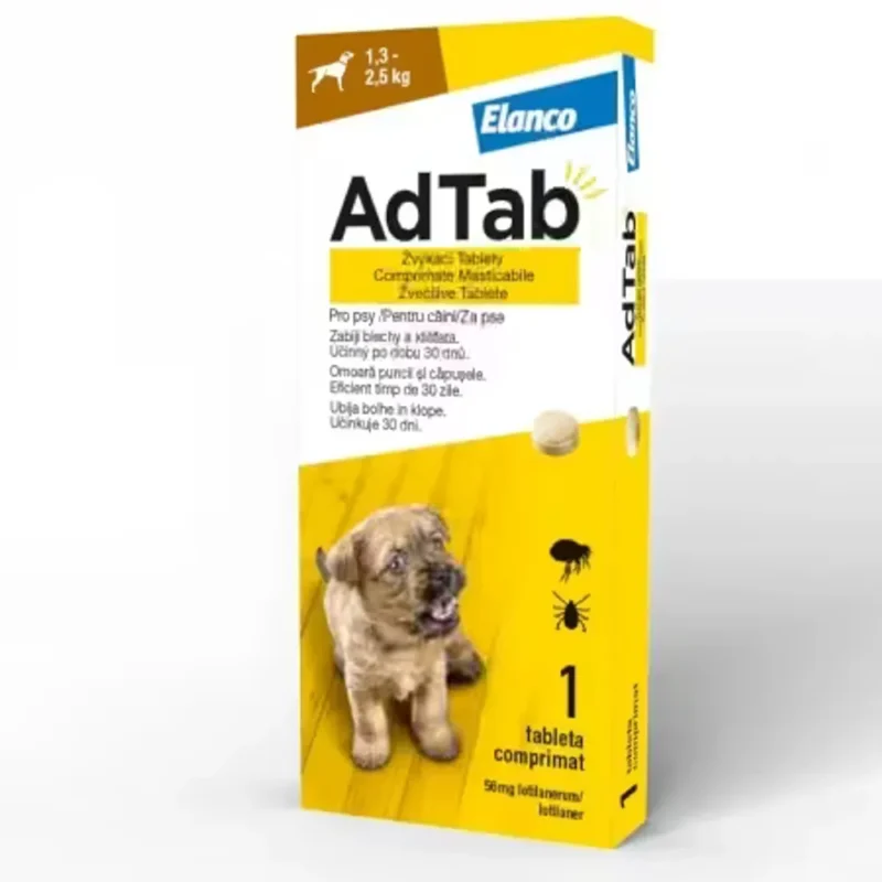 AdTab 56 mg – 1 comprimat masticabil antiparazitar pentru câini 1,3–2,5 kg